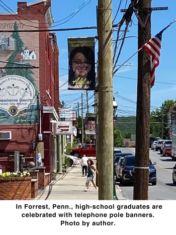 In Honesdale, Penn., high-school graduates are celebrated with telephone pole banners. Photo by author.